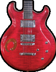 Carved flamed Maple top, Mahogany body, broken circle sound hole, trans red finish.